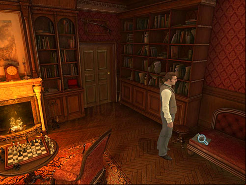 Notice a paper lying on a couch, between a bookshelf and worktable - Find Clues about Holmes Location | Hideout in Whitechapel - Hideout in Whitechapel - The Testament of Sherlock Holmes Game Guide