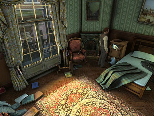 Go on the other side of bed and look to an open drawer of cupboard - Find Clues about Holmes Location | Hideout in Whitechapel - Hideout in Whitechapel - The Testament of Sherlock Holmes Game Guide