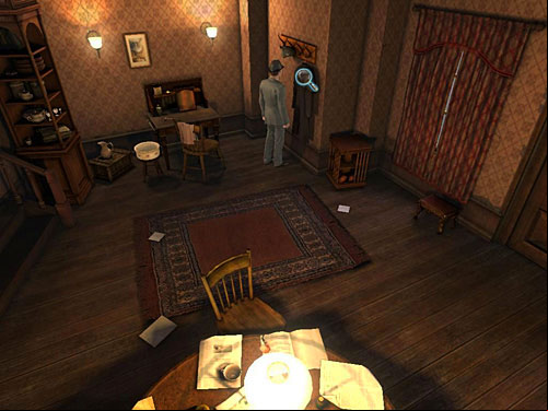 On a hanger you see a coat and Holmes hat - Open a Case | Hideout in Whitechapel - Hideout in Whitechapel - The Testament of Sherlock Holmes Game Guide