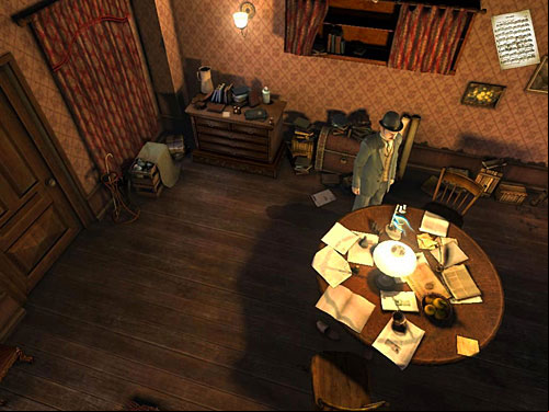 Go to the table and examine stain with a glass - Open a Case | Hideout in Whitechapel - Hideout in Whitechapel - The Testament of Sherlock Holmes Game Guide