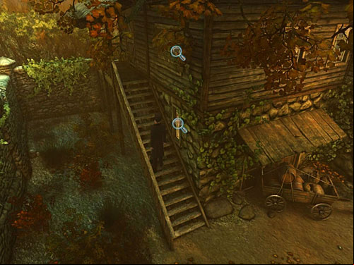 Going upstairs, notice two window - Check a Broken Floorboard | A Fire in Sawmill - A Fire in Sawmill - The Testament of Sherlock Holmes Game Guide