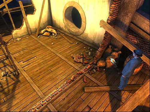 Another piece of rope lies on bags nearby a barrel (right of circular hole) - Find Out, What Is Happening in the Warehouse | A Grand Final in the Fun Fair - A Grand Final in the Fun Fair - The Testament of Sherlock Holmes Game Guide