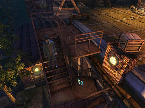 Return to car cable and climb down the stairs on the left - Find Out, What Is Happening in the Warehouse | A Grand Final in the Fun Fair - A Grand Final in the Fun Fair - The Testament of Sherlock Holmes Game Guide