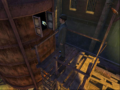 Climb up on a ladder next to reservoir - Find Out, What Is Happening in the Warehouse | A Grand Final in the Fun Fair - A Grand Final in the Fun Fair - The Testament of Sherlock Holmes Game Guide