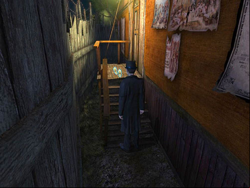 Go to the house on right and via narrow age between house and fence - Get Rid of the First Guard | A Grand Final in the Fun Fair - A Grand Final in the Fun Fair - The Testament of Sherlock Holmes Game Guide