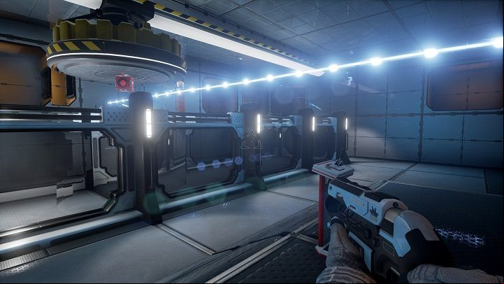In this room, use the pulsating energy beam to drop a container - Chapter 3 | Walkthrough - Walkthrough - The Turing Test Game Guide