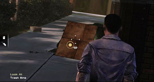 You can pick up the walkie-talkie (Pick Up: Walkie Talkie) or look at the card boxes (Look At: Trash Bins) - Chapter 7: The Morning After | Episode IV: Around Every Corner - Episode IV: Around Every Corner - The Walking Dead Game Guide