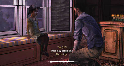 The last person to have a conversation with will be Clementine - Chapter 6: For Whom The Bell Tolls | Episode IV: Around Every Corner - Episode IV: Around Every Corner - The Walking Dead Game Guide