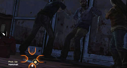 (3) Pick up the hatchet from the ground (Pick Up: Hatchet) - Chapter 5: Georgias Last City - Arrival & Battery | Episode IV: Around Every Corner - Episode IV: Around Every Corner - The Walking Dead Game Guide