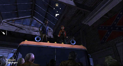 To get out of this place, go on the truck (Climb: Semi Truck) using the ladder on the right side of the truck and then shoot out the skylight above your heads (Shoot: Skylight) - Chapter 5: Georgias Last City - Arrival & Battery | Episode IV: Around Every Corner - Episode IV: Around Every Corner - The Walking Dead Game Guide