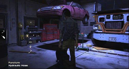 Here you can look at the raised car (Look At: Car) and a Warning Sign - Chapter 5: Georgias Last City - Arrival & Battery | Episode IV: Around Every Corner - Episode IV: Around Every Corner - The Walking Dead Game Guide