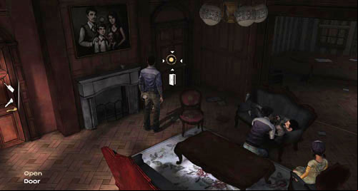 Go to the foreground of the screen and enter the living room - Chapter 1: Georgias First City - Inside | Episode IV: Around Every Corner - Episode IV: Around Every Corner - The Walking Dead Game Guide