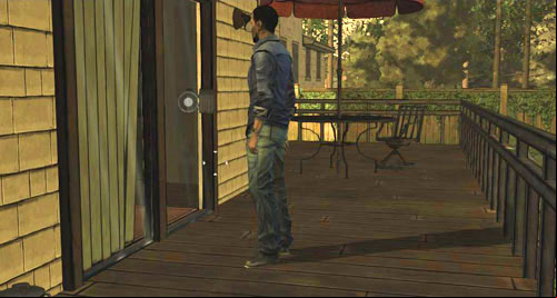 In order to push the plot forward, go to the foreground of the screen, then turn around and climb the short steps to the back porch - Chapter 2: Adventures in Babysitting | Episode I: A New Day - Episode I: A New Day - The Walking Dead Game Guide