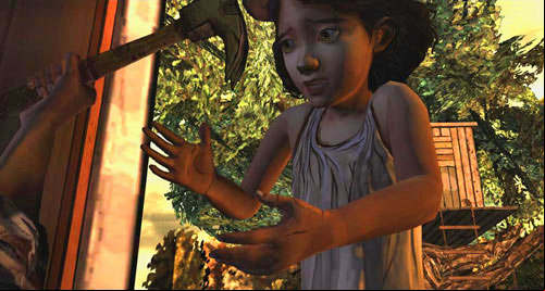 (5) Place the cursor on Clementine who is standing behind the pane of glass as quickly as you can and take the hammer from her - Chapter 2: Adventures in Babysitting | Episode I: A New Day - Episode I: A New Day - The Walking Dead Game Guide
