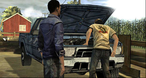Next, go right, to Kenny, whos working on his car, and start the conversation - Chapter 4: Rock and a Hard Place - Arriving at the farm | Episode I: A New Day - Episode I: A New Day - The Walking Dead Game Guide