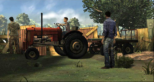 Go left, then to the background of the screen (but dont enter the barn) and then left again - Chapter 4: Rock and a Hard Place - Good morning at the farm | Episode I: A New Day - Episode I: A New Day - The Walking Dead Game Guide