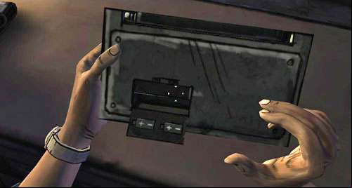 Point to either of Lees hands to Flip the Radio Over and then examine the Battery door - Chapter 5: Its Just One Bullet - In the pharmacy | Episode I: A New Day - Episode I: A New Day - The Walking Dead Game Guide