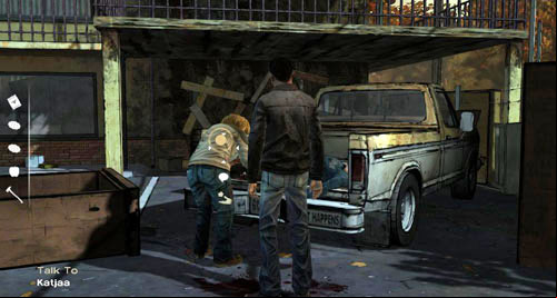 First, go to the background of the screen, to Katjaa - Chapter 2: Conversation Killer - Food problem | Episode II: Starved for Help - Episode II: Starved for Help - The Walking Dead Game Guide