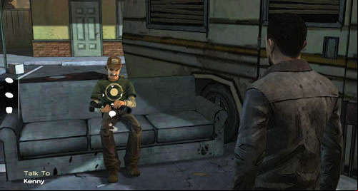 Go to the background of the screen, along the RV to talk with Kenny who is sitting on the couch - Chapter 2: Conversation Killer - Food problem | Episode II: Starved for Help - Episode II: Starved for Help - The Walking Dead Game Guide