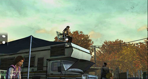 The last person you can talk to is Lilly, who is sitting on the roof of the RV - Chapter 2: Conversation Killer - Food problem | Episode II: Starved for Help - Episode II: Starved for Help - The Walking Dead Game Guide