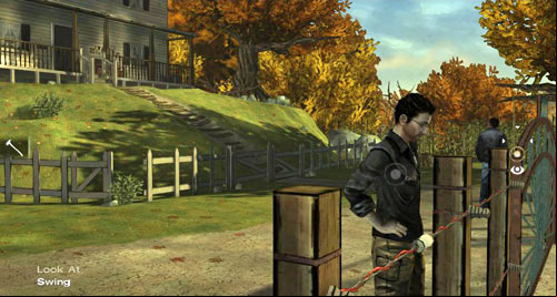On the screen where you begin you can talk with Mark (though it will not be a long conversation), and also take a look at the sharp Picket Fence in the background of the screen, electric Outlet by the screen (on the left), a House and a Swing - far on the right, in the background of the screen - Chapter 3: Thank you for shopping at Save Lots! - Arriving and walking round the perimeter | Episode II: Starved for Help - Episode II: Starved for Help - The Walking Dead Game Guide