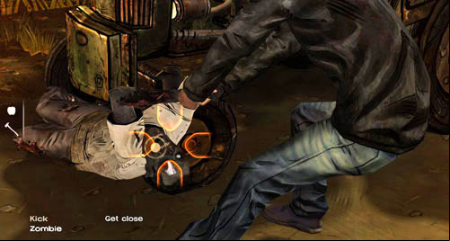 When the tractor stops on the second zombie, do the same - lean out to the left and pull the Zombie - Chapter 3: Thank you for shopping at Save Lots! - Arriving and walking round the perimeter | Episode II: Starved for Help - Episode II: Starved for Help - The Walking Dead Game Guide