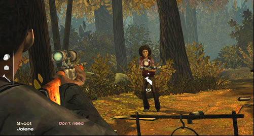 To do so, you will have to place the cursor on Jolene yourself and shoot her - Chapter 3: Thank you for shopping at Save Lots! - Searching for the bandits | Episode II: Starved for Help - Episode II: Starved for Help - The Walking Dead Game Guide