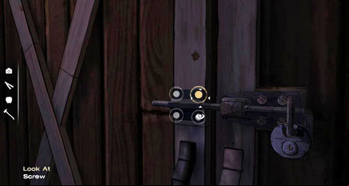 Take a look at the lock, and, above all, at one of the Screws on the left - Chapter 3: Thank you for shopping at Save Lots! - Mystery in the barn | Episode II: Starved for Help - Episode II: Starved for Help - The Walking Dead Game Guide