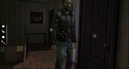 Upstairs there are two doors - left (the further one) and right one (the closer one) - Chapter 4: Guess Whos Coming to Dinner | Episode II: Starved for Help - Episode II: Starved for Help - The Walking Dead Game Guide