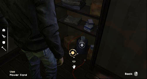On the shelves, from top to bottom there are the following items: Morphine, Box of Candles, Towel, Medical Supplies, Trashcan and Power Cord - Chapter 4: Guess Whos Coming to Dinner | Episode II: Starved for Help - Episode II: Starved for Help - The Walking Dead Game Guide