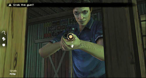 (1) If you lean out and take a look for the second time (or the first time if youve been waiting too long), you will see Danny pointing his gun at your head - Chapter 6: Taking Charlotte | Episode II: Starved for Help - Episode II: Starved for Help - The Walking Dead Game Guide