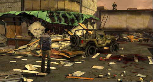 While you can try to climb the Ladder to get on the trailer on the left, or climb on the Wrecked Car on the right, none of these things will be successful - Chapter 1: Goodbye, She Quietly Says | Episode III: Long Road Ahead - Episode III: Long Road Ahead - The Walking Dead Game Guide
