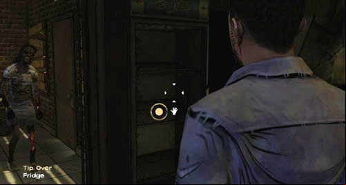 (4) Look slightly to the right and tip over the Fridge to block the age - Chapter 1: Goodbye, She Quietly Says | Episode III: Long Road Ahead - Episode III: Long Road Ahead - The Walking Dead Game Guide