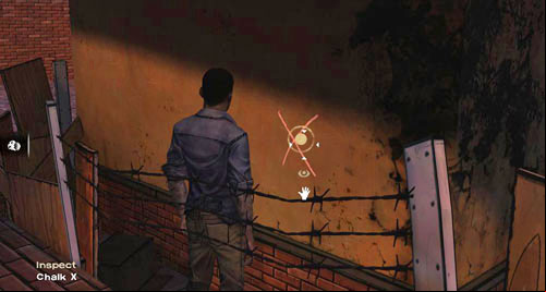 Go around the corner and inspect the huge X on the wall (Chalk X) - Chapter 2: Bad Blood | Episode III: Long Road Ahead - Episode III: Long Road Ahead - The Walking Dead Game Guide