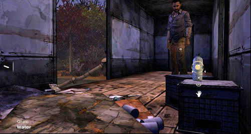Search and take two items from here - grab a bottle of Water on the right and pick up a Map from the floor on the left - Chapter 4: What now? | Episode III: Long Road Ahead - Episode III: Long Road Ahead - The Walking Dead Game Guide