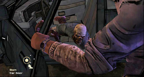 After the cutscene look at the Car Door again and then open it - Chapter 4: What now? | Episode III: Long Road Ahead - Episode III: Long Road Ahead - The Walking Dead Game Guide