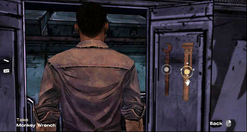 Open the second Engine Compartment and take one of the three weapons - Monkey Wrench, Spanner, or Spike Remover - Chapter 4: What now? | Episode III: Long Road Ahead - Episode III: Long Road Ahead - The Walking Dead Game Guide