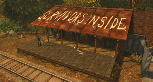 At the station you can take a look at four different Signs, some Paint Cans, and the roof (Look At: Survivors Sign) - Chapter 6: Unexpected Delay | Episode III: Long Road Ahead - Episode III: Long Road Ahead - The Walking Dead Game Guide