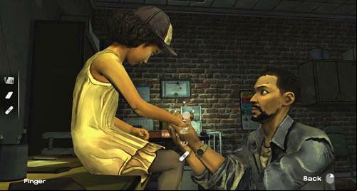 Once youve had a look at the wound, put a plaster on the finger, which will stop the bleeding - Chapter 5: Its Just One Bullet - The office | Episode I: A New Day - Episode I: A New Day - The Walking Dead Game Guide