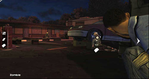 When you get to the new hiding place lean out to the left and use the pillow on the Zombie who is near the truck - Chapter 5: Its Just One Bullet - The Motor Inn | Episode I: A New Day - Episode I: A New Day - The Walking Dead Game Guide