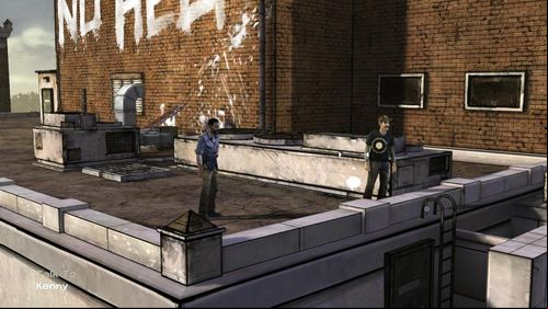 You can walk to the very right, where youll find Kenny and Fire Escape, which can be use if there were no zombies wandering at the street - Chapter 2: Rooftop | Episode V: No Time Left - Episode V: No Time Left - The Walking Dead Game Guide