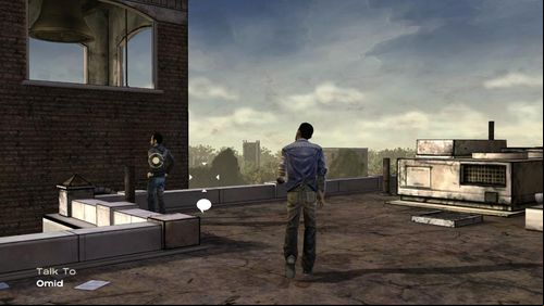 Now go to the very left, where youll find Omid - he stays in front of the bell tower - Chapter 2: Rooftop | Episode V: No Time Left - Episode V: No Time Left - The Walking Dead Game Guide