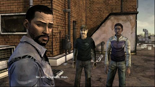 After short conversation Lee decides to go to the bell tower - Chapter 2: Rooftop | Episode V: No Time Left - Episode V: No Time Left - The Walking Dead Game Guide