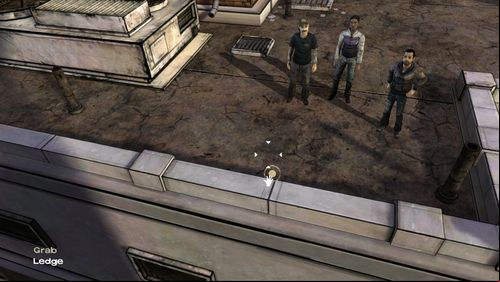 Once you are close to the Ledge, grab it (if Lee is not alone, someone will catch him if he starts falling down) - Chapter 2: Rooftop | Episode V: No Time Left - Episode V: No Time Left - The Walking Dead Game Guide