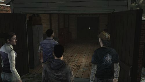 Watch a short cutscene, after which a surprised group stands in front of the shed - the one, where a boat was hidden in - Chapter 2: Gone | Episode V: No Time Left - Episode V: No Time Left - The Walking Dead Game Guide