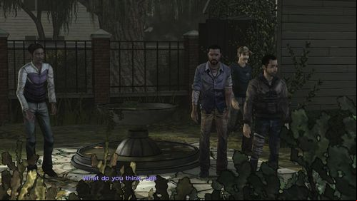 Christa asks Omid to jump over the fence and let them inside, but the discussion continues - Kenny jumps on Christa (or Ben if he is present) - Chapter 2: Gone | Episode V: No Time Left - Episode V: No Time Left - The Walking Dead Game Guide