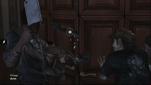 Lee runs to the front door, where you have to chop zombies Arms - Chapter 2: Siege | Episode V: No Time Left - Episode V: No Time Left - The Walking Dead Game Guide