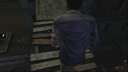 After a while you get to the catwalk between buildings - you have to press a proper key to move to the other side (no worries, you wont fall) - Chapter 4: Above River Street | Episode V: No Time Left - Episode V: No Time Left - The Walking Dead Game Guide