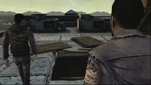 On the rooftop of the second building youll see w hole leading inside - Omid will notice that it is full of zombies - Chapter 4: Above River Street | Episode V: No Time Left - Episode V: No Time Left - The Walking Dead Game Guide