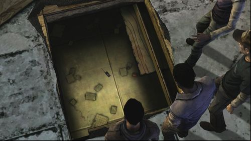 After a while Kenny approaches Lee and taps his shoulder, knocking walkie out of his hand - it will fall down the hole - Chapter 4: Above River Street | Episode V: No Time Left - Episode V: No Time Left - The Walking Dead Game Guide